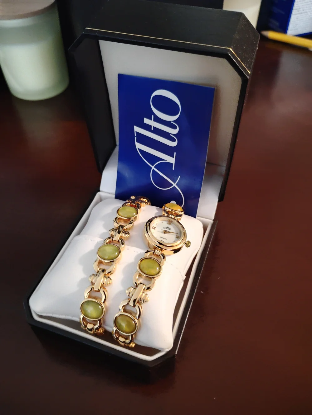 ALTO Gold-Tone Women’s Bracelet Watch with Yellow-Green Stones